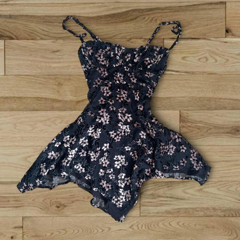 NWT Urban Outfitters pink and black floral velvet mini dress - asymmetrical hem